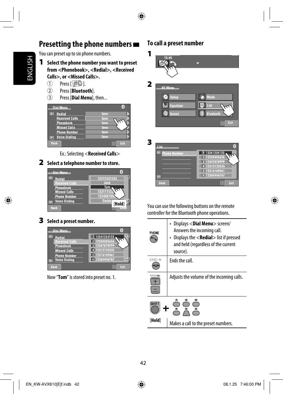 Presetting the phone numbers, English to call a preset number | JVC KW-AVX810 User Manual | Page 42 / 331