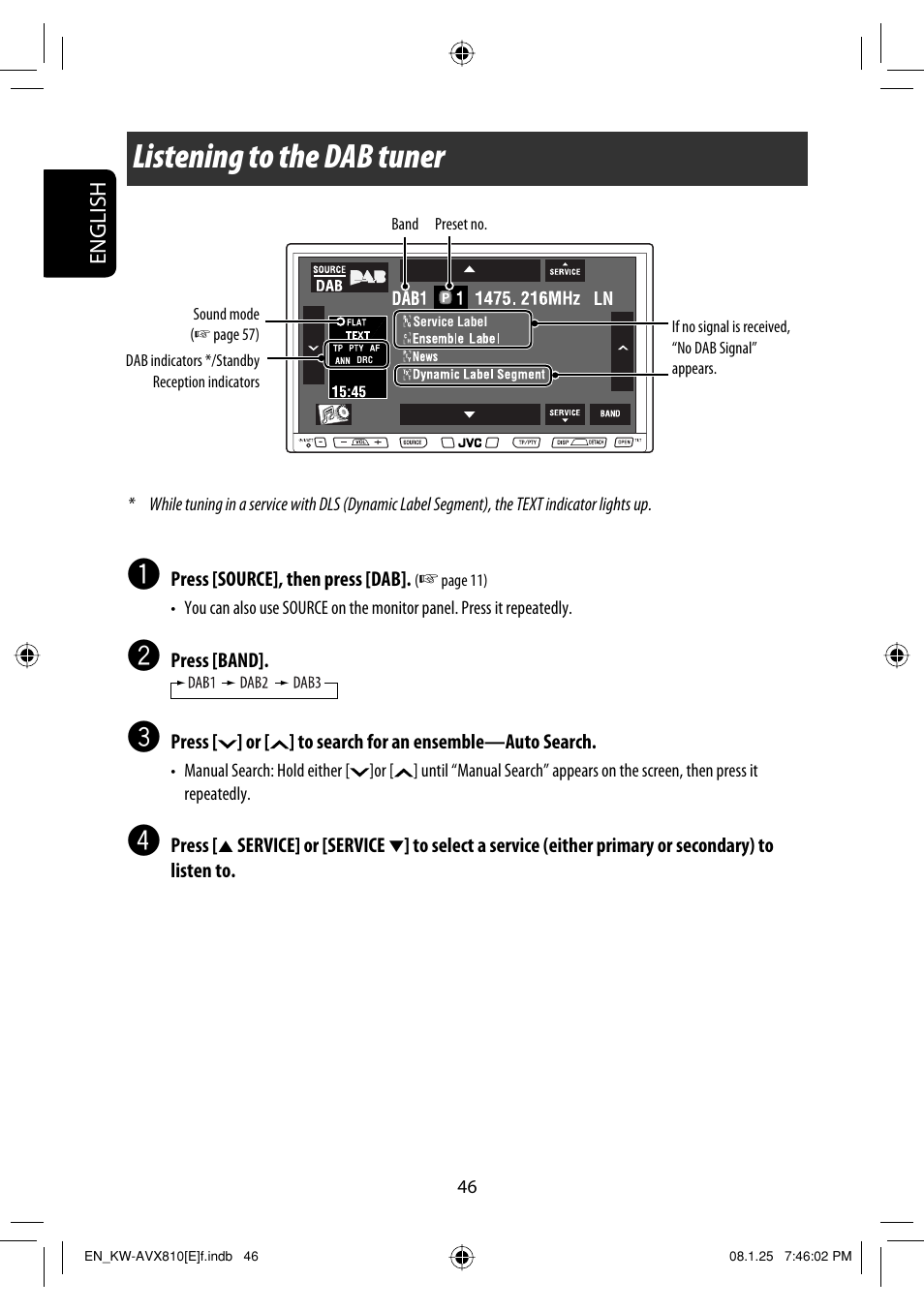 Listening to the dab tuner | JVC KW-AVX810 User Manual | Page 46 / 331