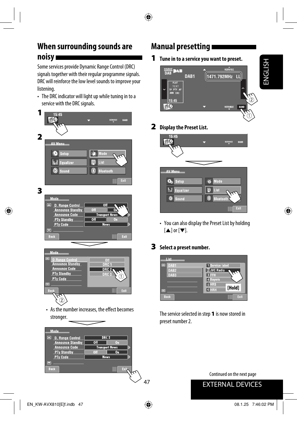 When surrounding sounds are noisy, Manual presetting, External devices english | JVC KW-AVX810 User Manual | Page 47 / 331