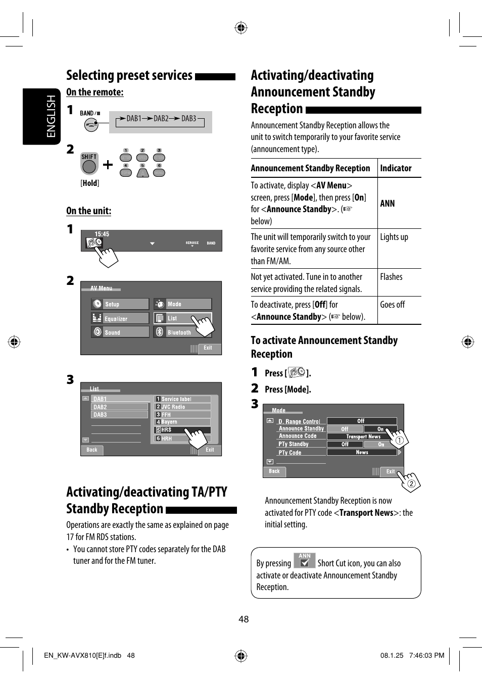 Selecting preset services, Activating/deactivating ta/pty standby reception | JVC KW-AVX810 User Manual | Page 48 / 331