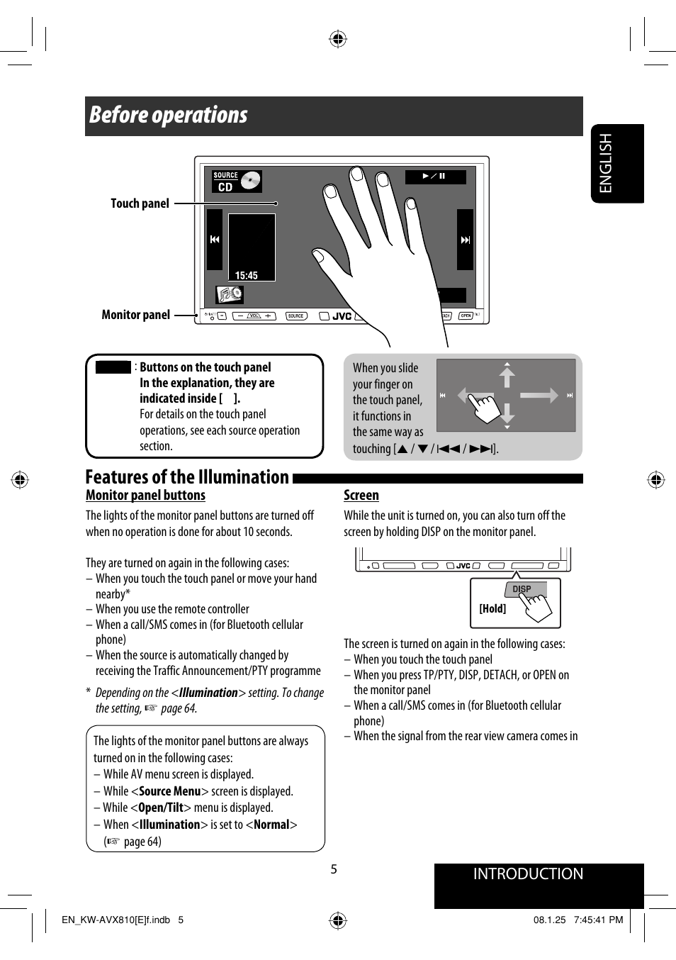 Before operations, Features of the illumination, English introduction | JVC KW-AVX810 User Manual | Page 5 / 331