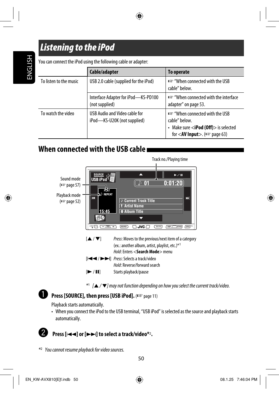 Listening to the ipod, When connected with the usb cable, English | JVC KW-AVX810 User Manual | Page 50 / 331