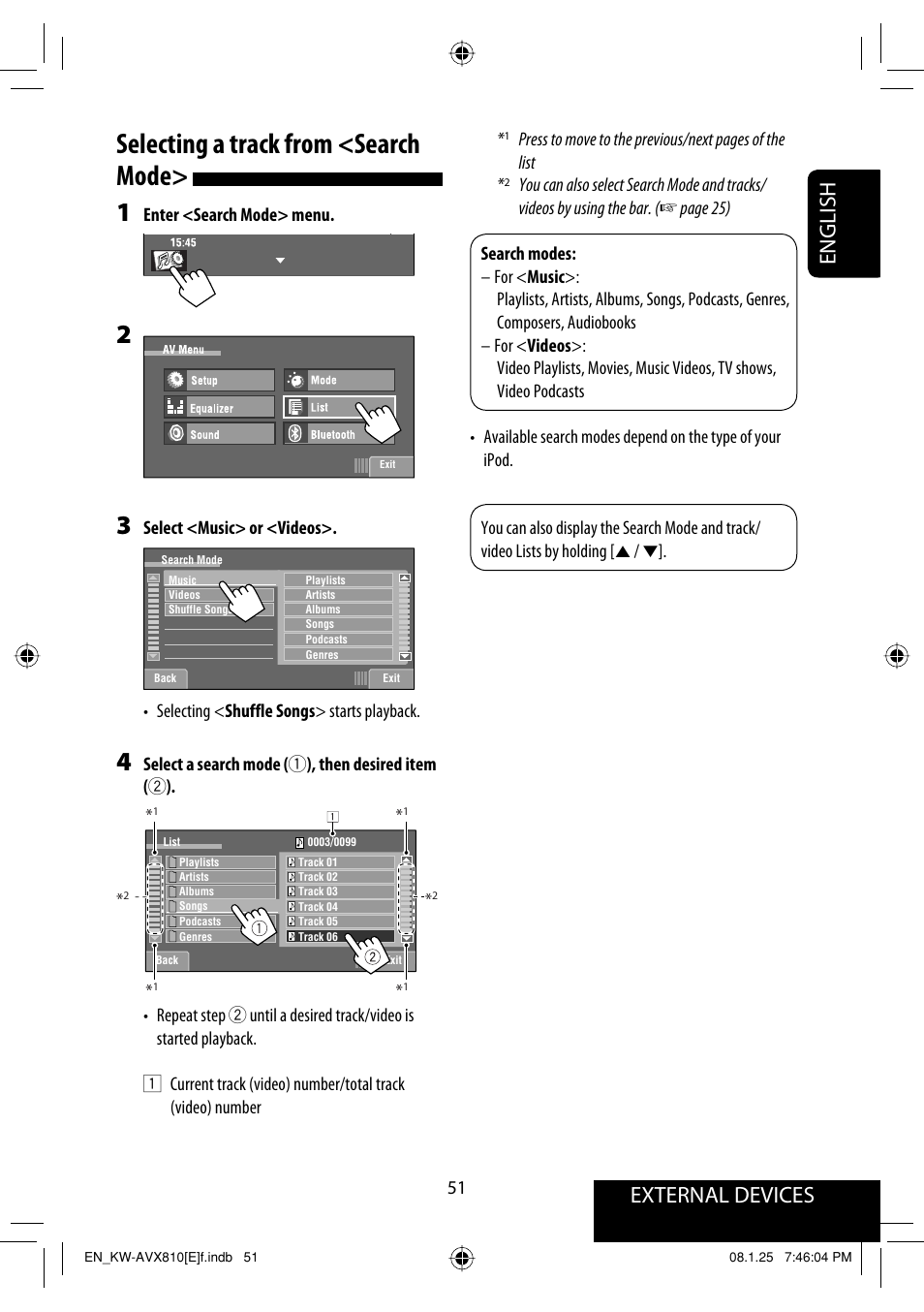 Selecting a track from <search mode, External devices english | JVC KW-AVX810 User Manual | Page 51 / 331