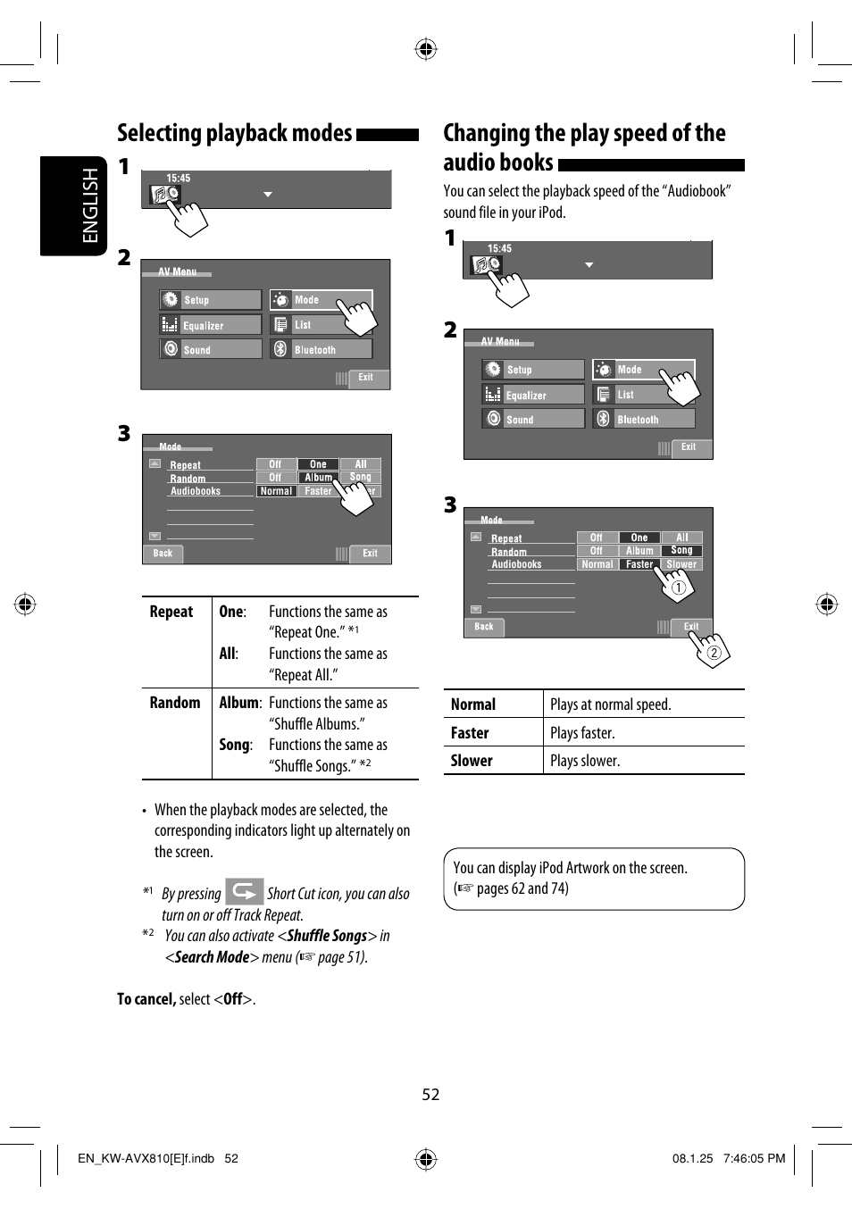 Changing the play speed of the audio books, Selecting playback modes, English | JVC KW-AVX810 User Manual | Page 52 / 331