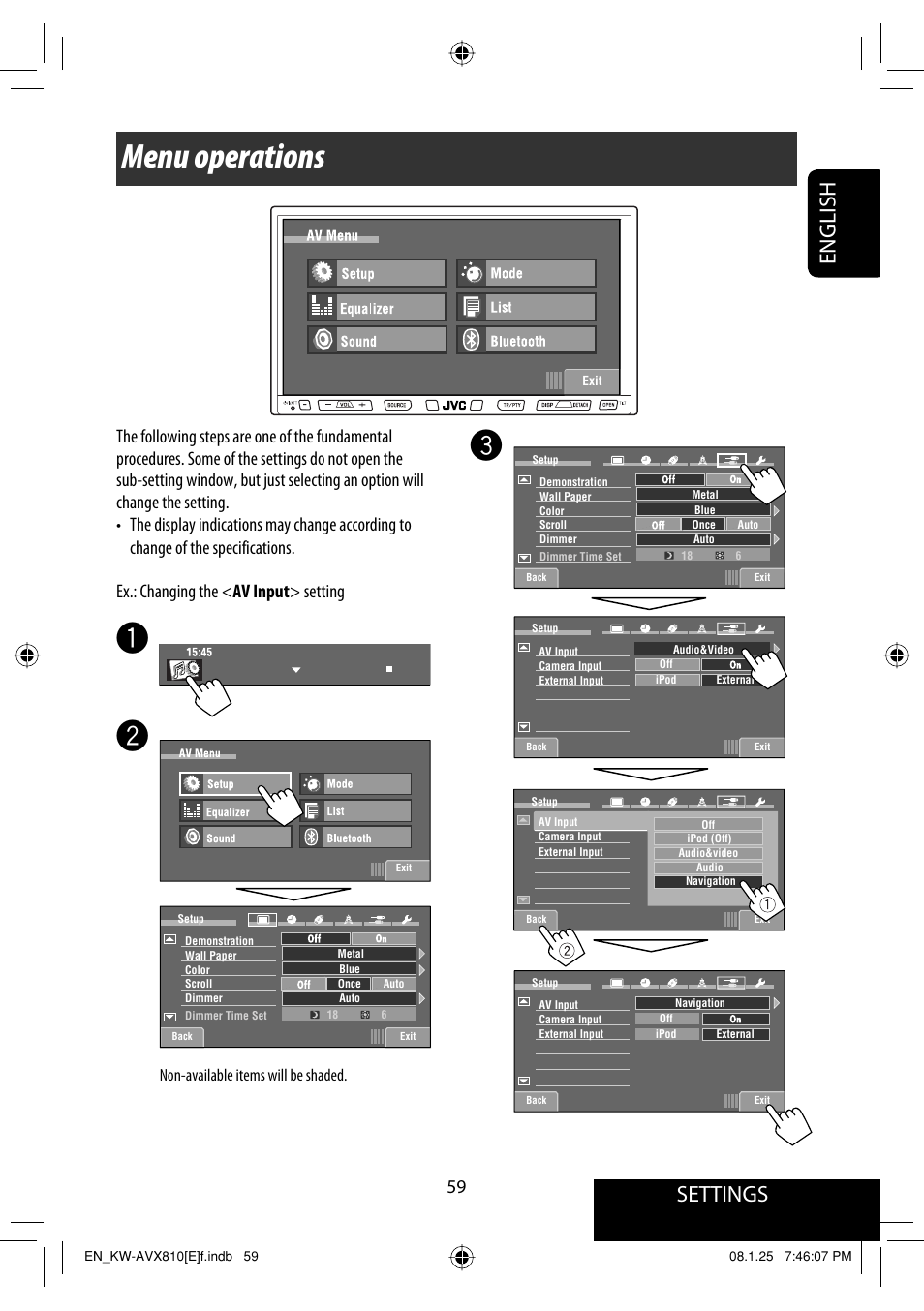 Menu operations, Settings, English | Non-available items will be shaded | JVC KW-AVX810 User Manual | Page 59 / 331