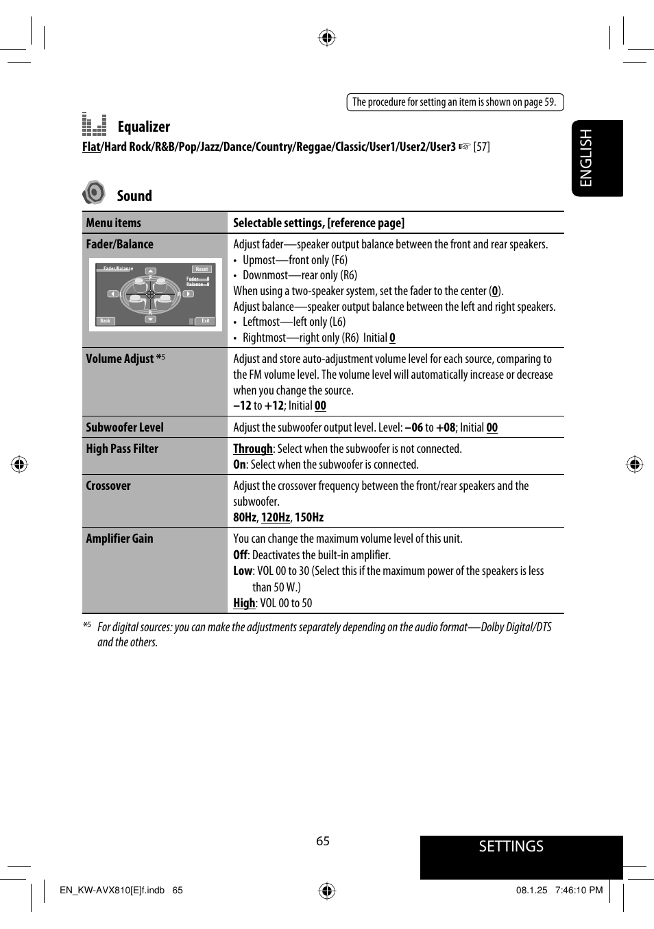 Settings, English equalizer, Sound | JVC KW-AVX810 User Manual | Page 65 / 331