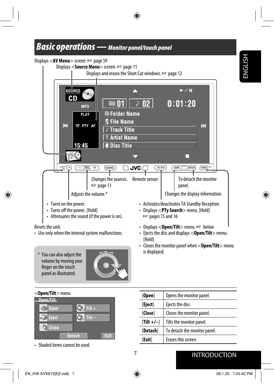 Basic operations — monitor panel/touch panel, Basic operations, English introduction | Monitor panel/touch panel | JVC KW-AVX810 User Manual | Page 7 / 331