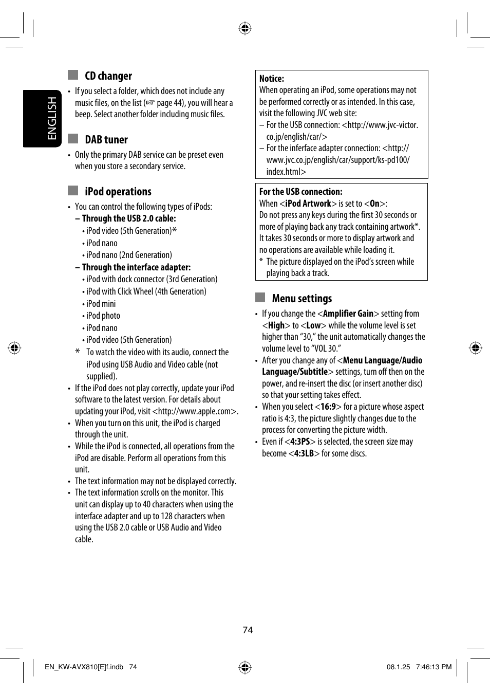 English, Cd changer, Dab tuner | Ipod operations, Menu settings | JVC KW-AVX810 User Manual | Page 74 / 331