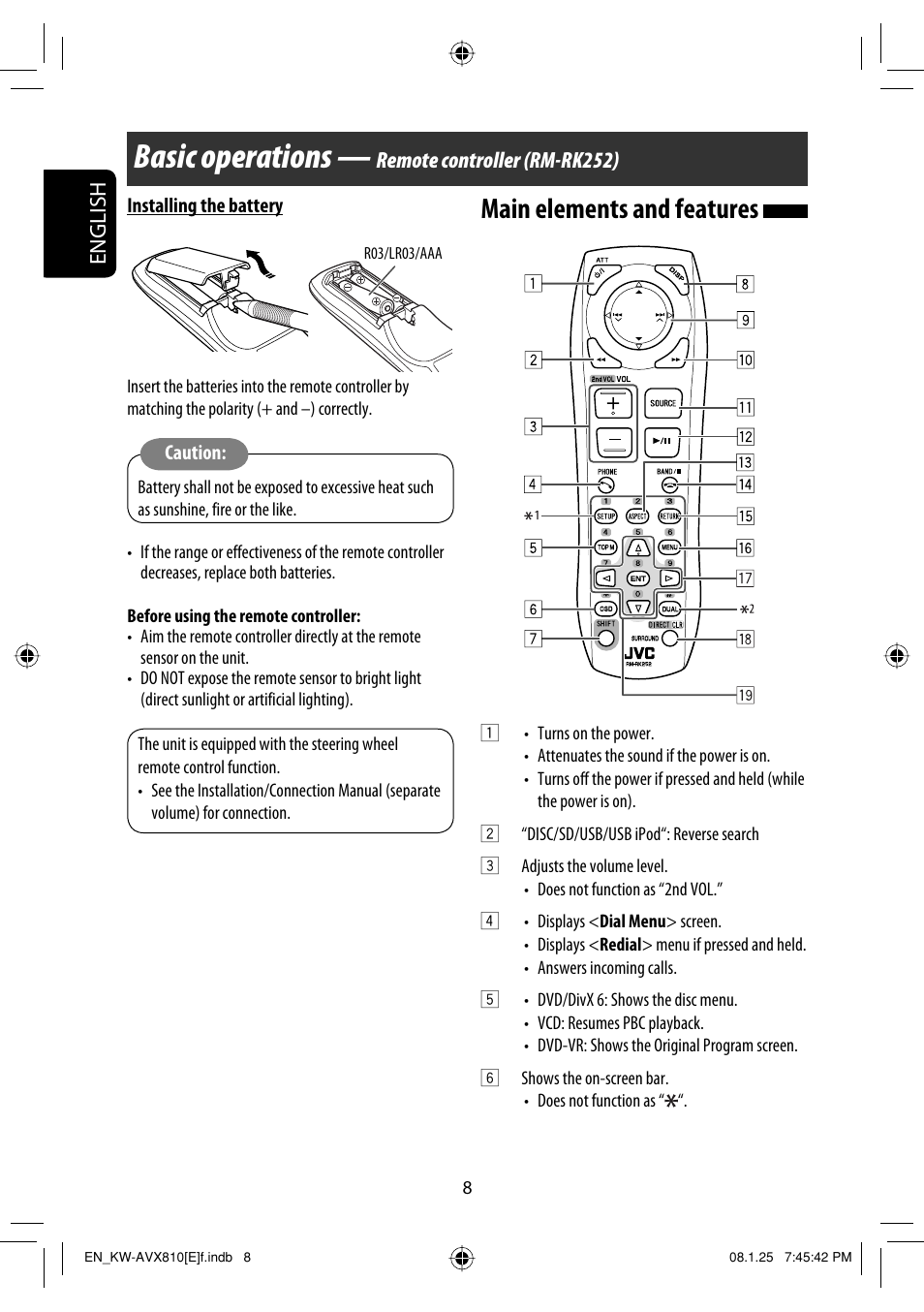 Basic operations — remote controller (rm-rk252), Basic operations, Main elements and features | English, Remote controller (rm-rk252) | JVC KW-AVX810 User Manual | Page 8 / 331