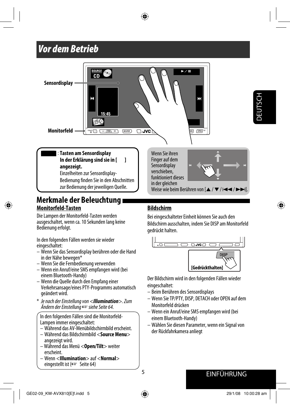 Vor dem betrieb, Merkmale der beleuchtung, Einführung deutsch | JVC KW-AVX810 User Manual | Page 87 / 331