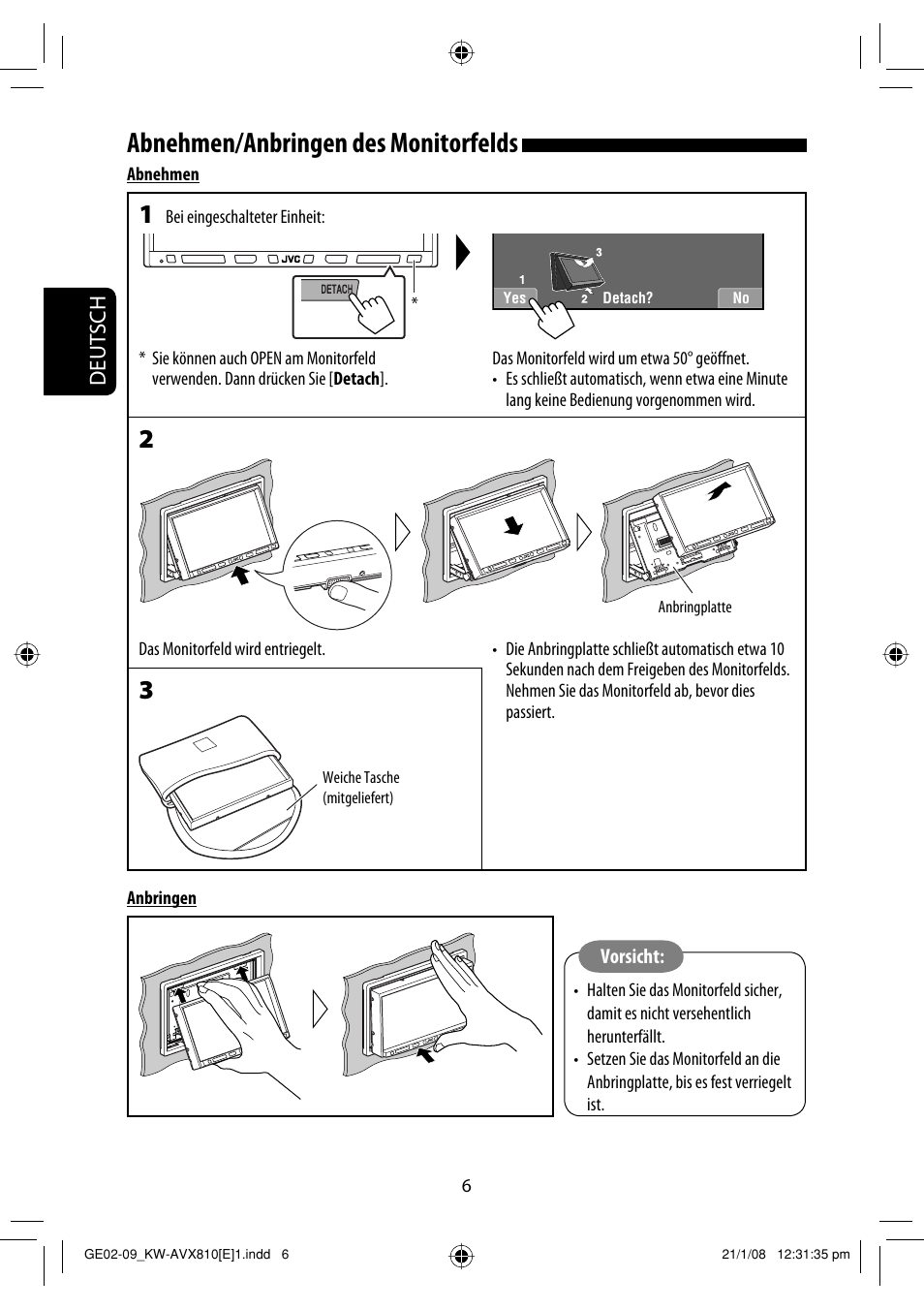 Abnehmen/anbringen des monitorfelds, Deutsch | JVC KW-AVX810 User Manual | Page 88 / 331