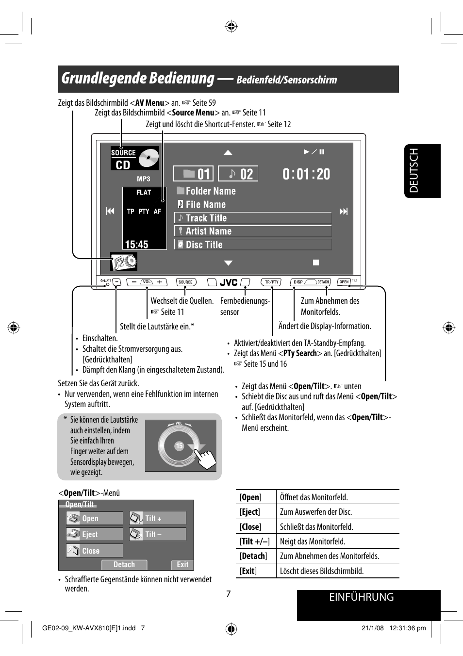Grundlegende bedienung, Einführung deutsch, Bedienfeld/sensorschirm | JVC KW-AVX810 User Manual | Page 89 / 331