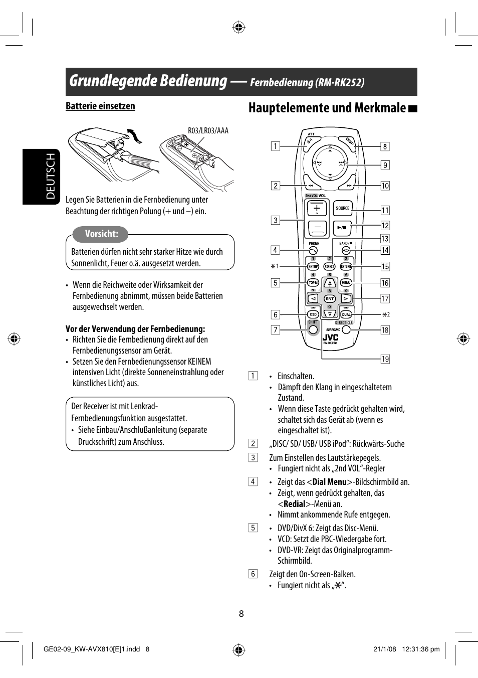 Grundlegende bedienung, Hauptelemente und merkmale, Deutsch | Fernbedienung (rm-rk252) | JVC KW-AVX810 User Manual | Page 90 / 331