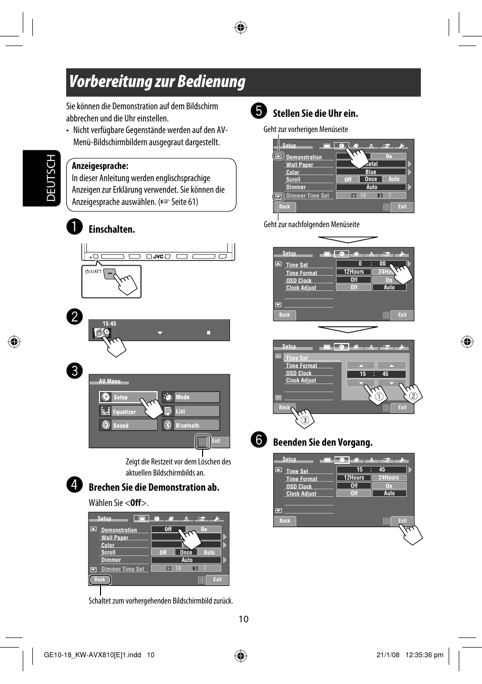 Vorbereitung zur bedienung, Deutsch, Stellen sie die uhr ein | Beenden sie den vorgang, Einschalten, Brechen sie die demonstration ab, Wählen sie < off | JVC KW-AVX810 User Manual | Page 92 / 331