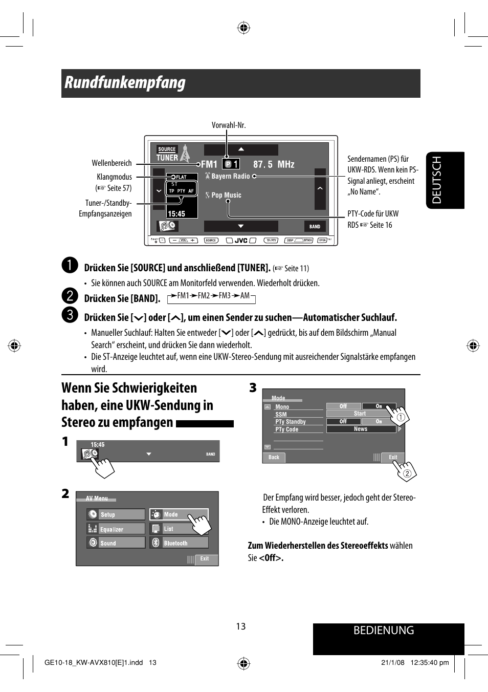 Rundfunkempfang, Bedienung, Deutsch | JVC KW-AVX810 User Manual | Page 95 / 331