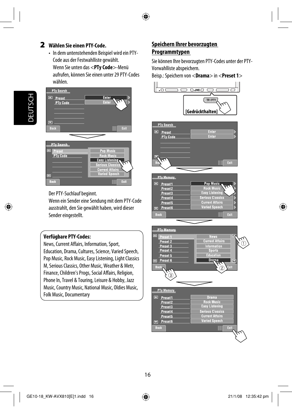 Deutsch, Speichern ihrer bevorzugten programmtypen | JVC KW-AVX810 User Manual | Page 98 / 331