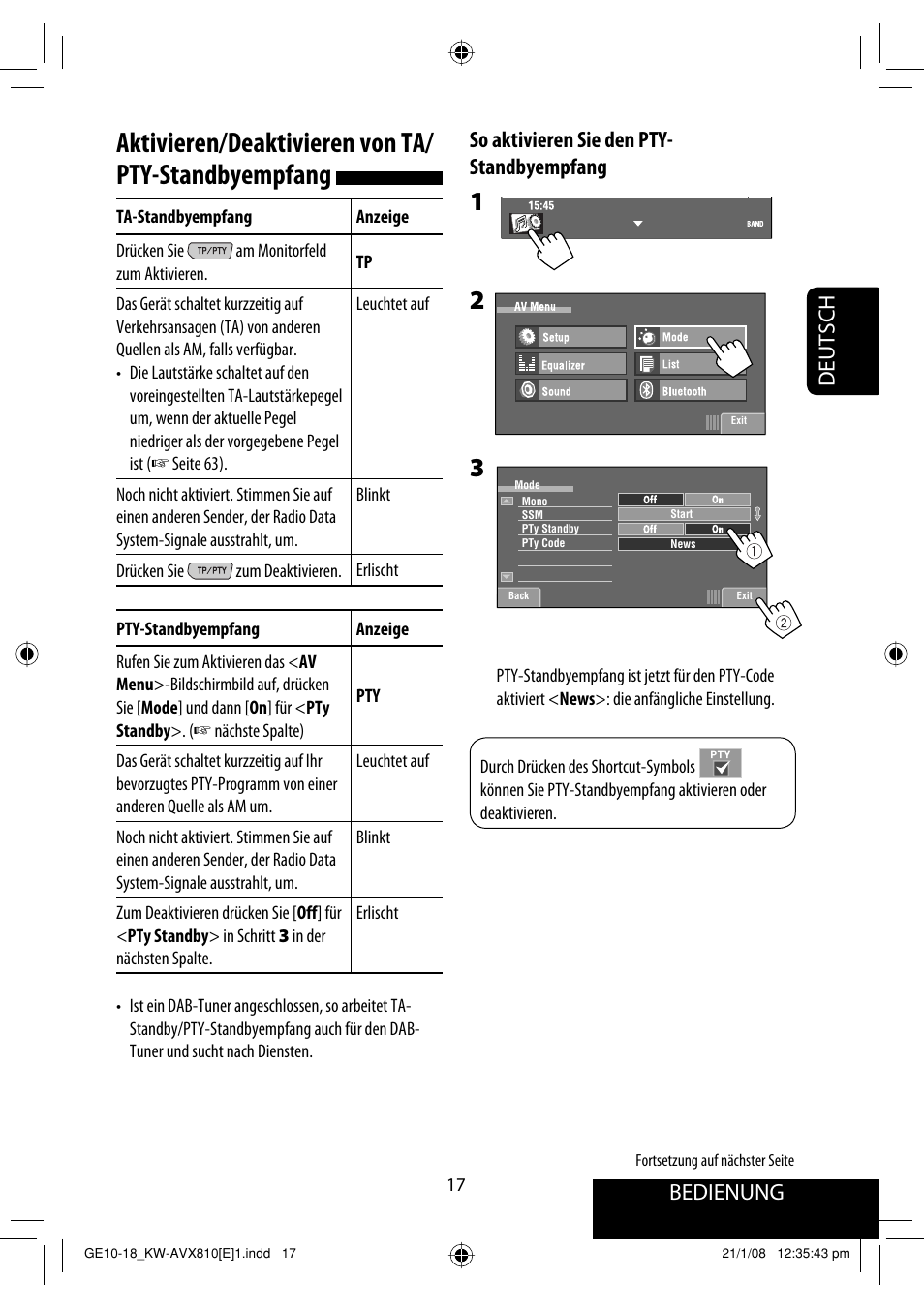 Aktivieren/deaktivieren von ta/ pty-standbyempfang, Bedienung, Deutsch | So aktivieren sie den pty- standbyempfang | JVC KW-AVX810 User Manual | Page 99 / 331