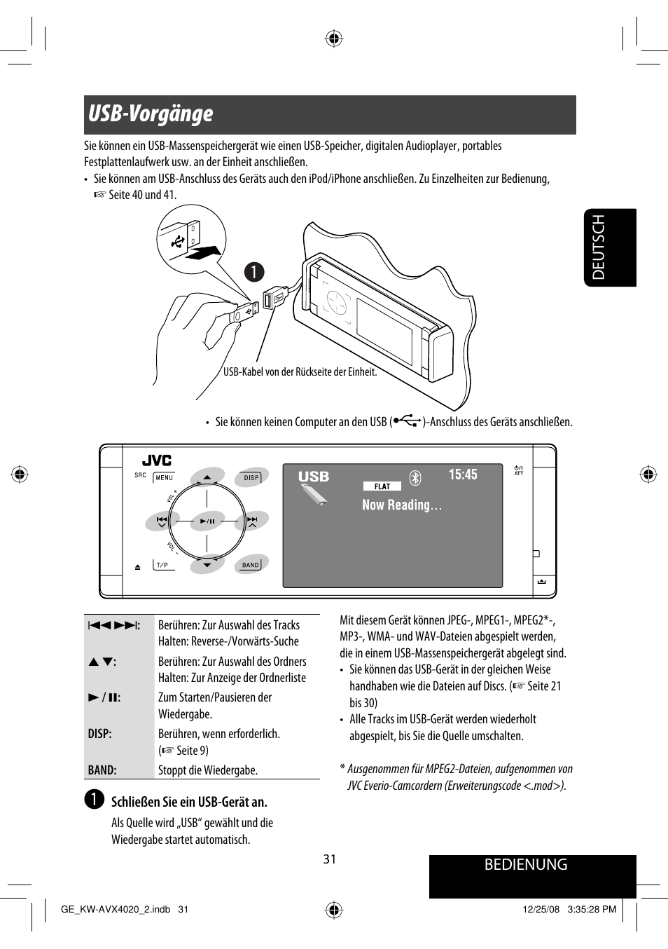 Usb-vorgänge, Bedienung, Deutsch | JVC KD-AVX40 User Manual | Page 105 / 292