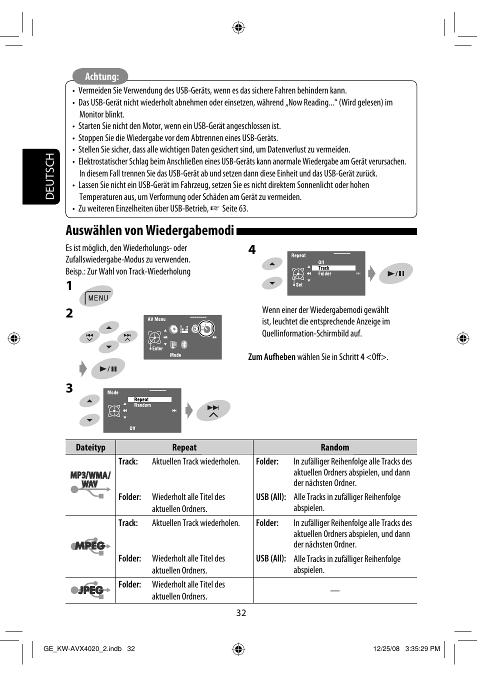 Auswählen von wiedergabemodi, Deutsch | JVC KD-AVX40 User Manual | Page 106 / 292