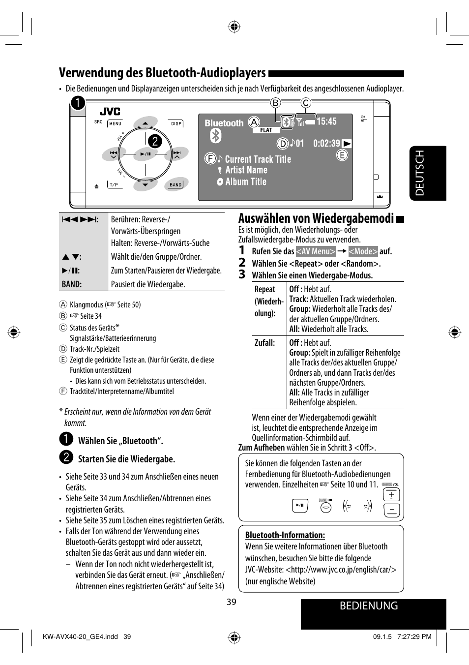 Auswählen von wiedergabemodi, Verwendung des bluetooth-audioplayers | JVC KD-AVX40 User Manual | Page 113 / 292