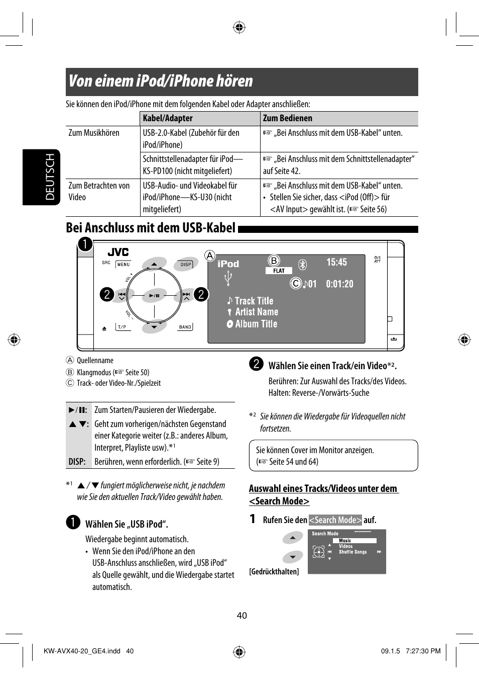 Von einem ipod/iphone hören, Bei anschluss mit dem usb-kabel, Deutsch | JVC KD-AVX40 User Manual | Page 114 / 292