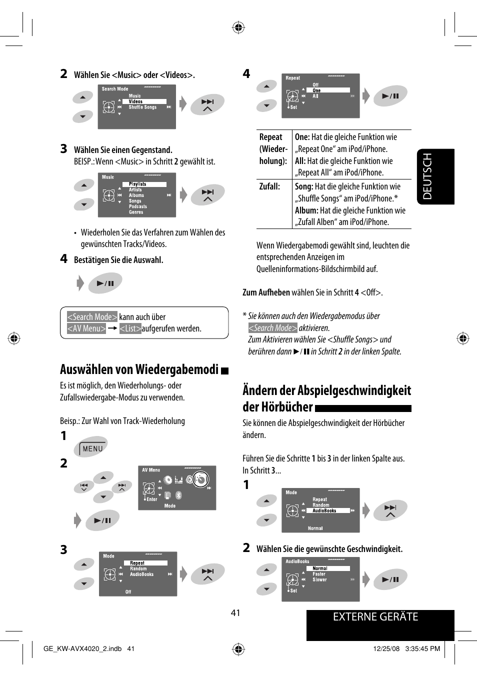 Ändern der abspielgeschwindigkeit der hörbücher, Auswählen von wiedergabemodi | JVC KD-AVX40 User Manual | Page 115 / 292