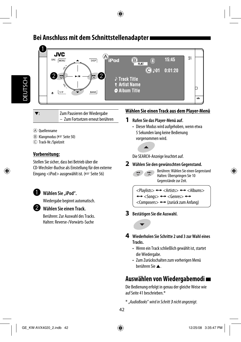 Auswählen von wiedergabemodi, Bei anschluss mit dem schnittstellenadapter | JVC KD-AVX40 User Manual | Page 116 / 292