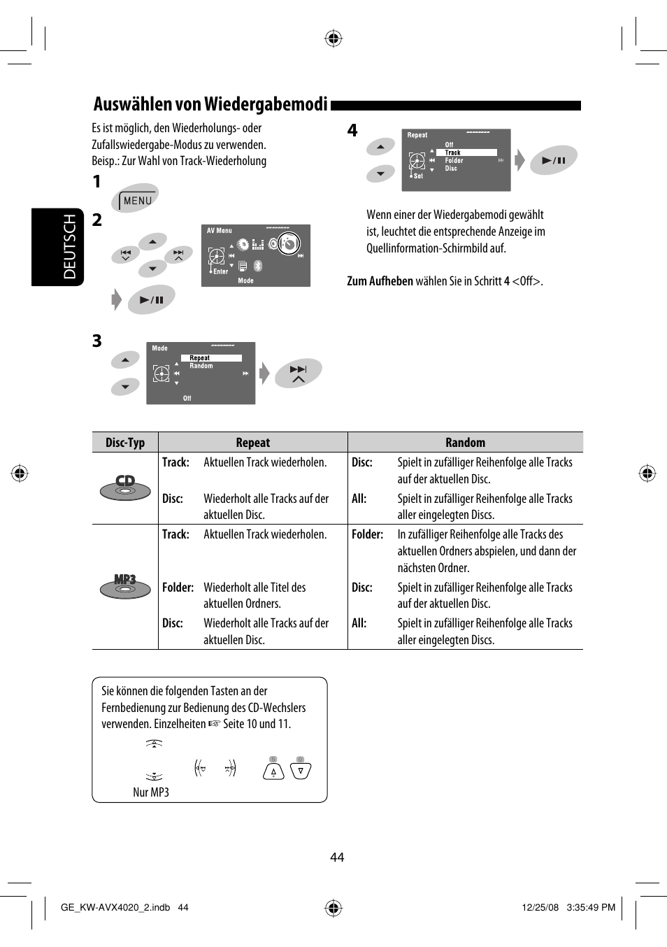 Auswählen von wiedergabemodi | JVC KD-AVX40 User Manual | Page 118 / 292
