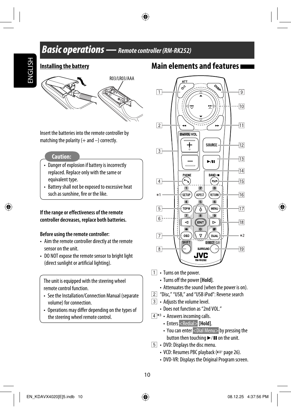 Basic operations — remote controller (rm-rk252), Basic operations, Main elements and features | English, Remote controller (rm-rk252) | JVC KD-AVX40 User Manual | Page 12 / 292