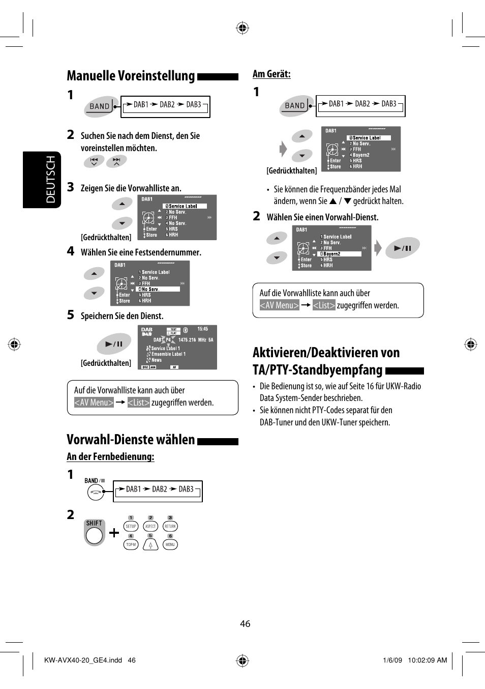 Manuelle voreinstellung, Vorwahl-dienste wählen, Aktivieren/deaktivieren von ta/pty-standbyempfang | JVC KD-AVX40 User Manual | Page 120 / 292