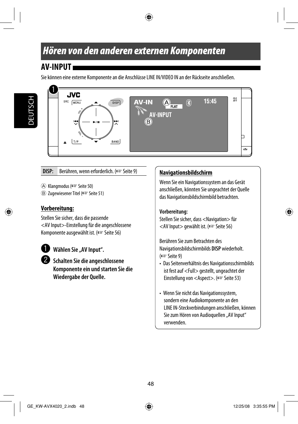 Hören von den anderen externen komponenten, Av-input | JVC KD-AVX40 User Manual | Page 122 / 292