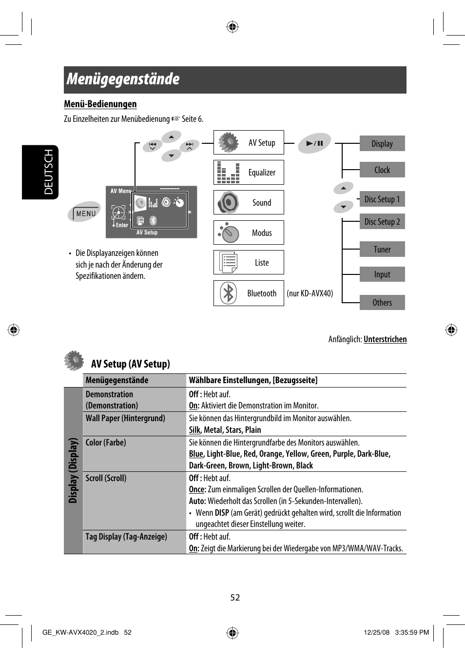 Menügegenstände, Deutsch, Av setup (av setup) | Display (display) | JVC KD-AVX40 User Manual | Page 126 / 292