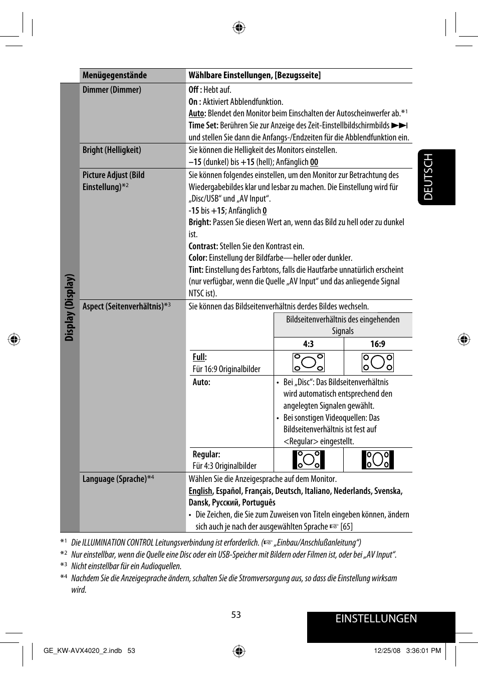 Einstellungen, Deutsch, Display (display) | JVC KD-AVX40 User Manual | Page 127 / 292