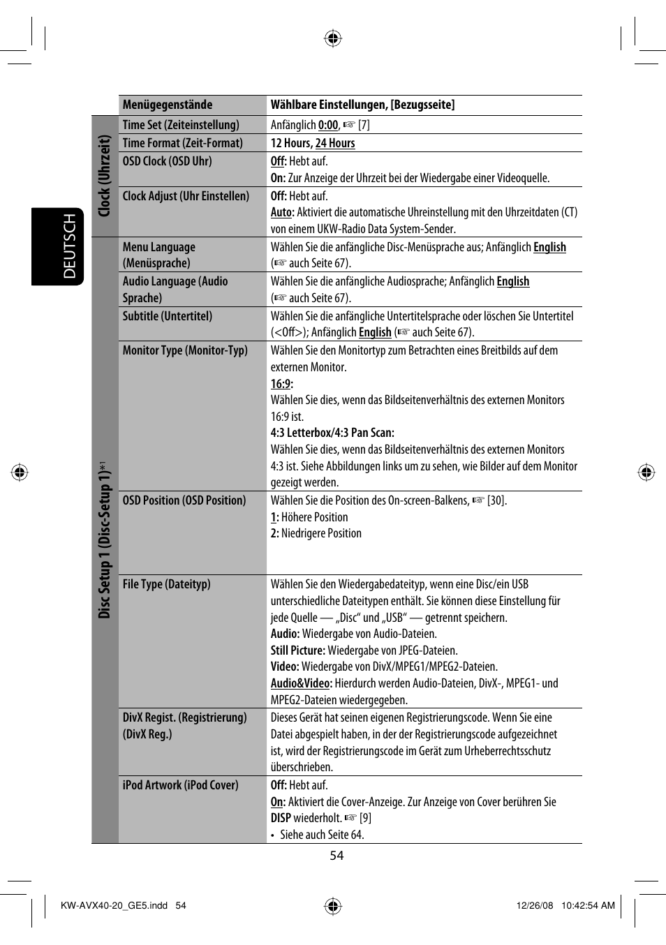 Deutsch, Clock (uhrzeit), Disc setup 1 (disc-setup 1) | JVC KD-AVX40 User Manual | Page 128 / 292