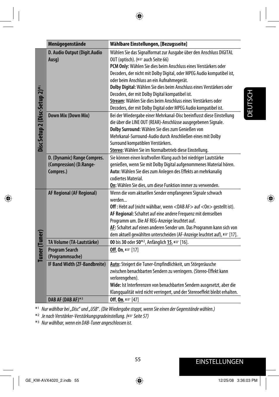 Einstellungen, Deutsch, Disc setup 2 (disc-setup 2) | Tuner (tuner) | JVC KD-AVX40 User Manual | Page 129 / 292