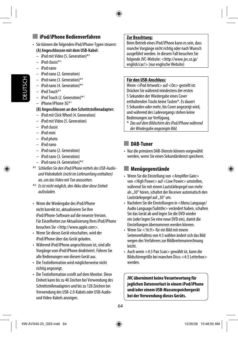 Dab-tuner, Menügegenstände, Deutsch | Ipod/iphone bedienverfahren | JVC KD-AVX40 User Manual | Page 138 / 292