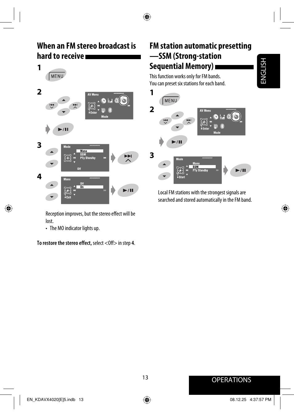 When an fm stereo broadcast is hard to receive | JVC KD-AVX40 User Manual | Page 15 / 292