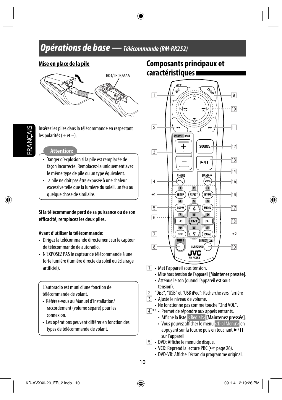 Opérations de base, Composants principaux et caractéristiques, Français | Télécommande (rm-rk252) | JVC KD-AVX40 User Manual | Page 156 / 292