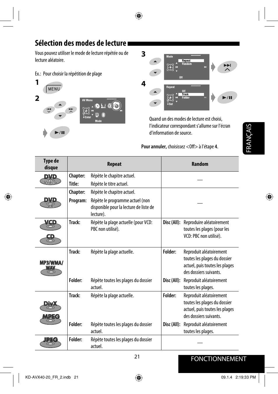 Sélection des modes de lecture, Fonctionnement, Français | JVC KD-AVX40 User Manual | Page 167 / 292