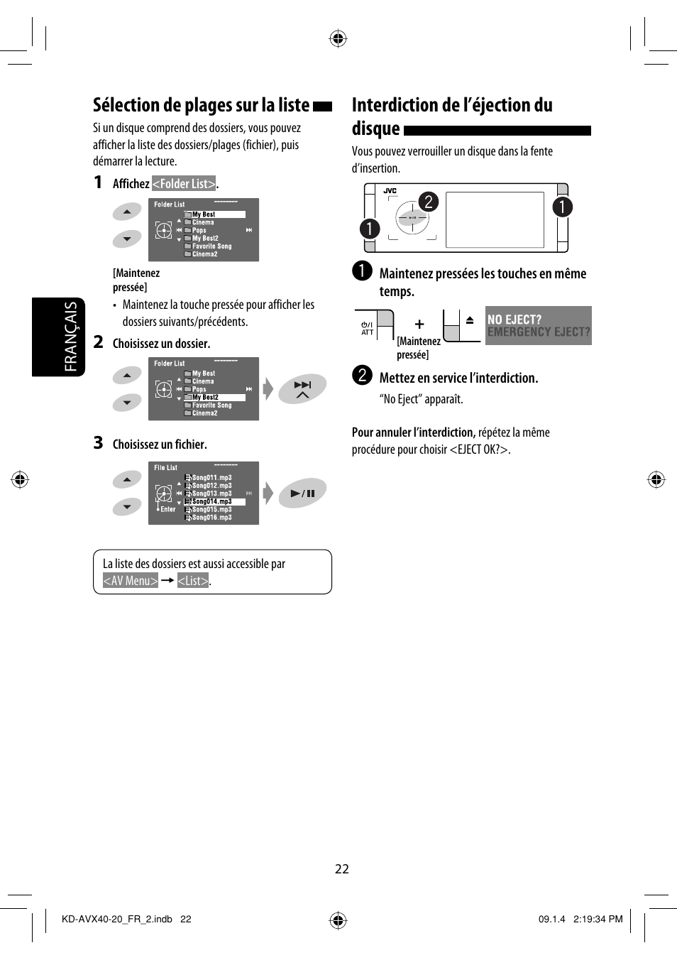 Sélection de plages sur la liste, Interdiction de l’éjection du disque | JVC KD-AVX40 User Manual | Page 168 / 292
