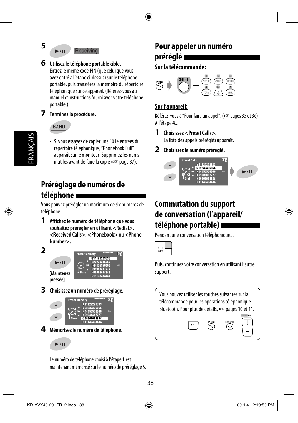 Préréglage de numéros de téléphone, Pour appeler un numéro préréglé | JVC KD-AVX40 User Manual | Page 184 / 292