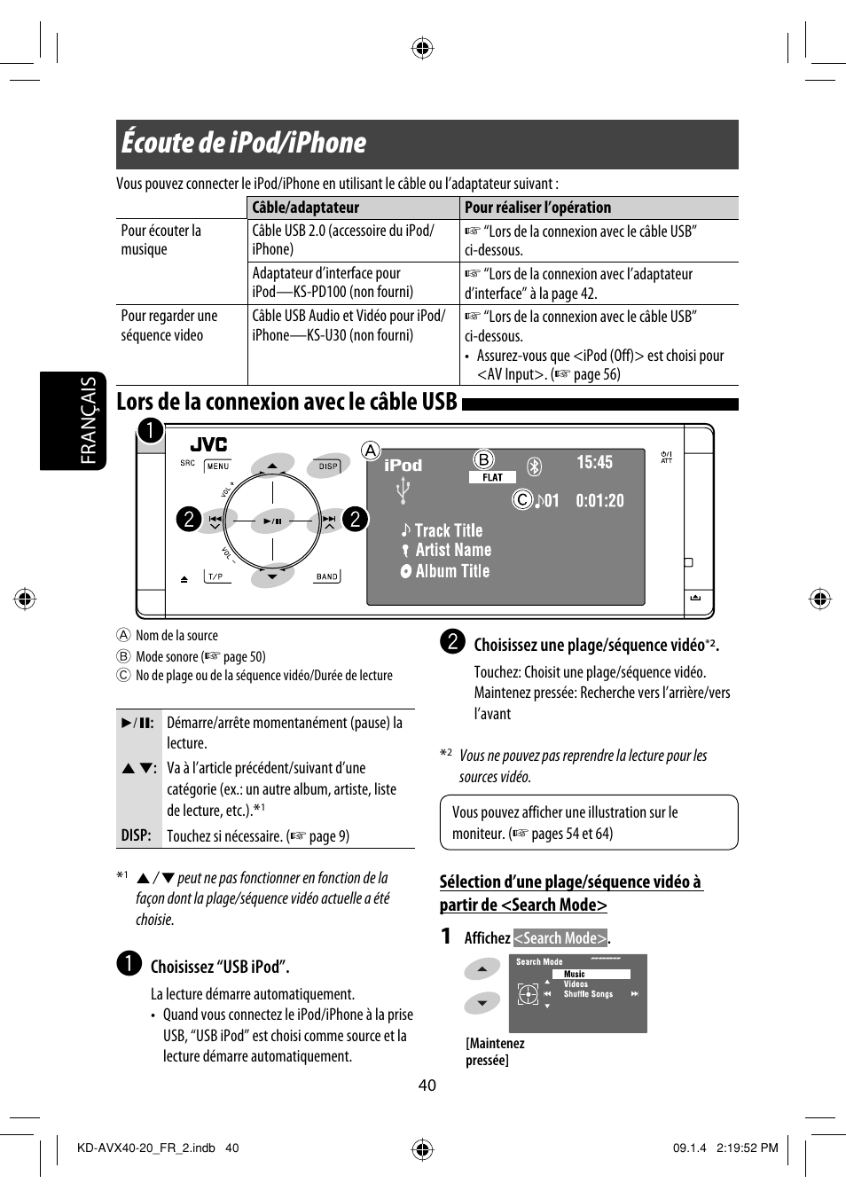Écoute de ipod/iphone, Lors de la connexion avec le câble usb, Français | JVC KD-AVX40 User Manual | Page 186 / 292