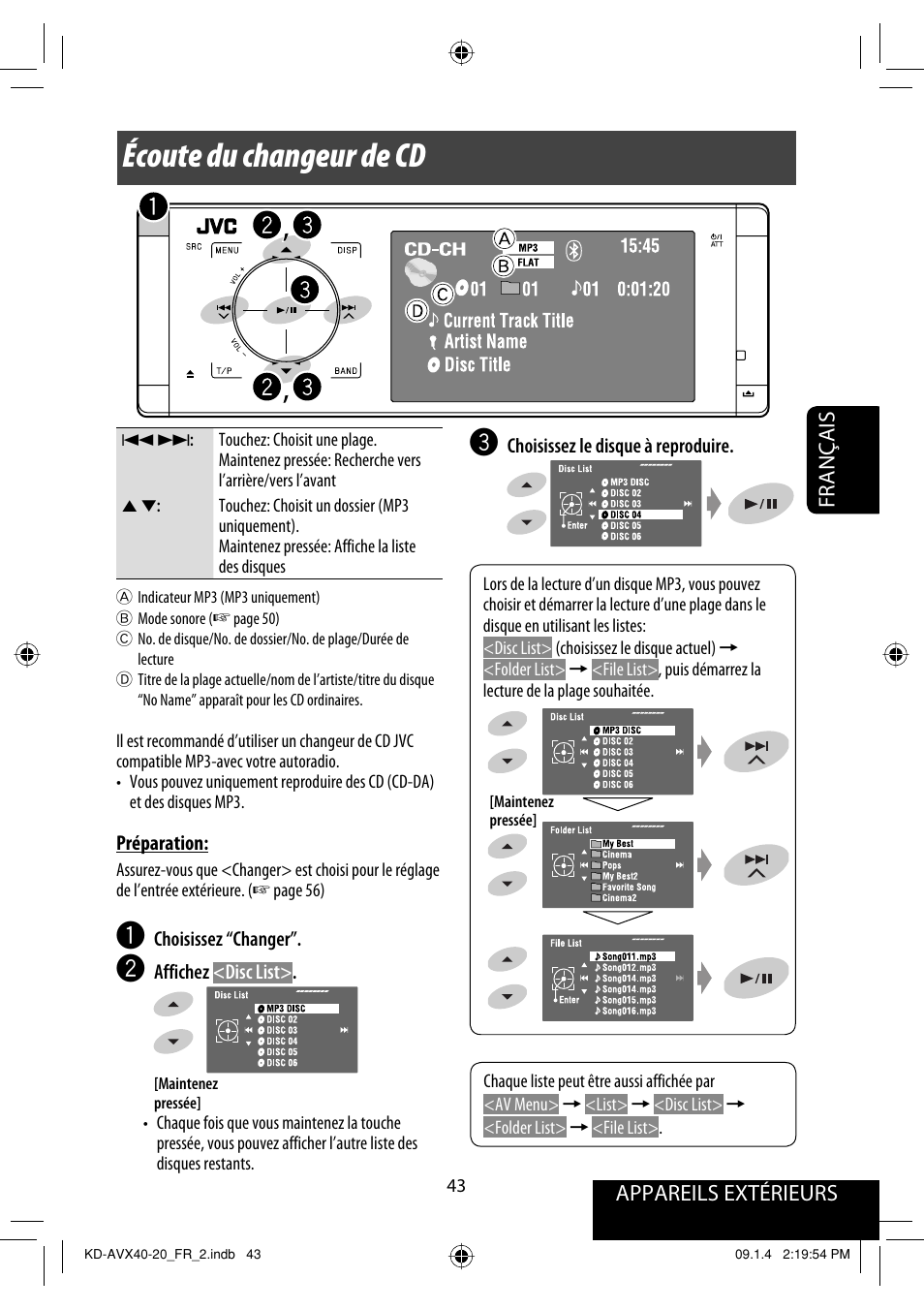 Écoute du changeur de cd, Appareils extérieurs, Français | JVC KD-AVX40 User Manual | Page 189 / 292