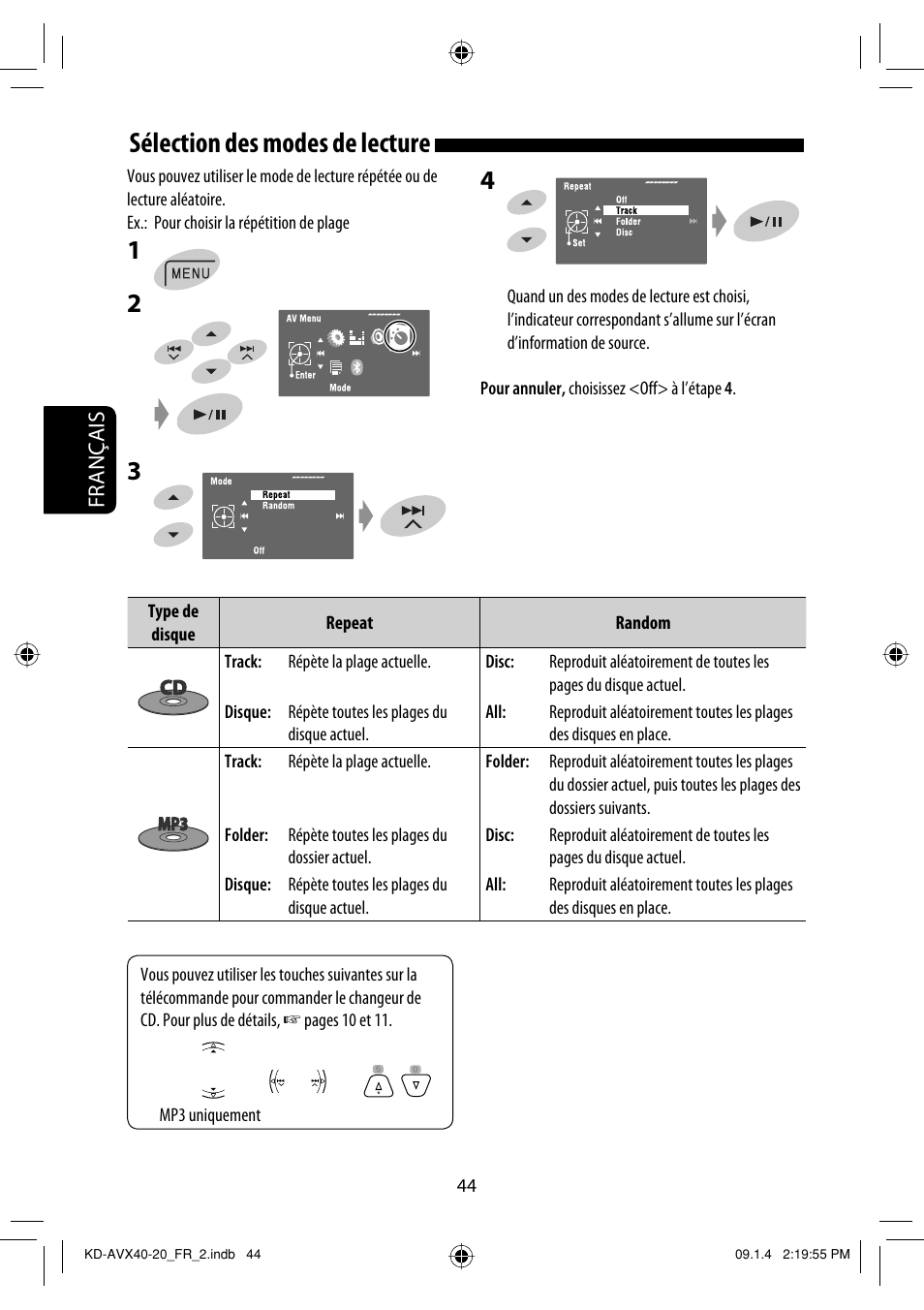 Sélection des modes de lecture, Français | JVC KD-AVX40 User Manual | Page 190 / 292