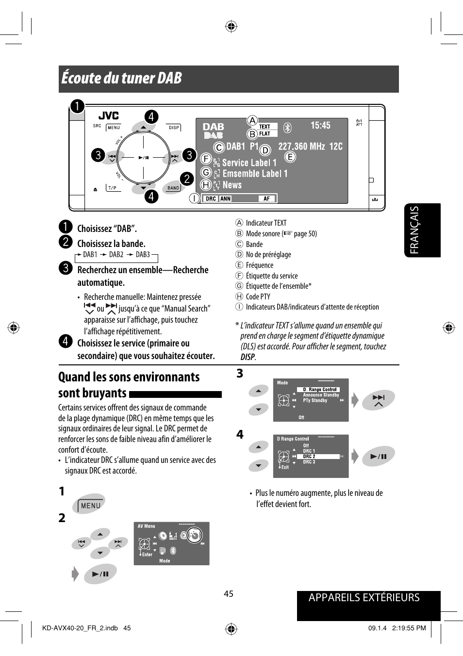 Écoute du tuner dab, Quand les sons environnants sont bruyants | JVC KD-AVX40 User Manual | Page 191 / 292