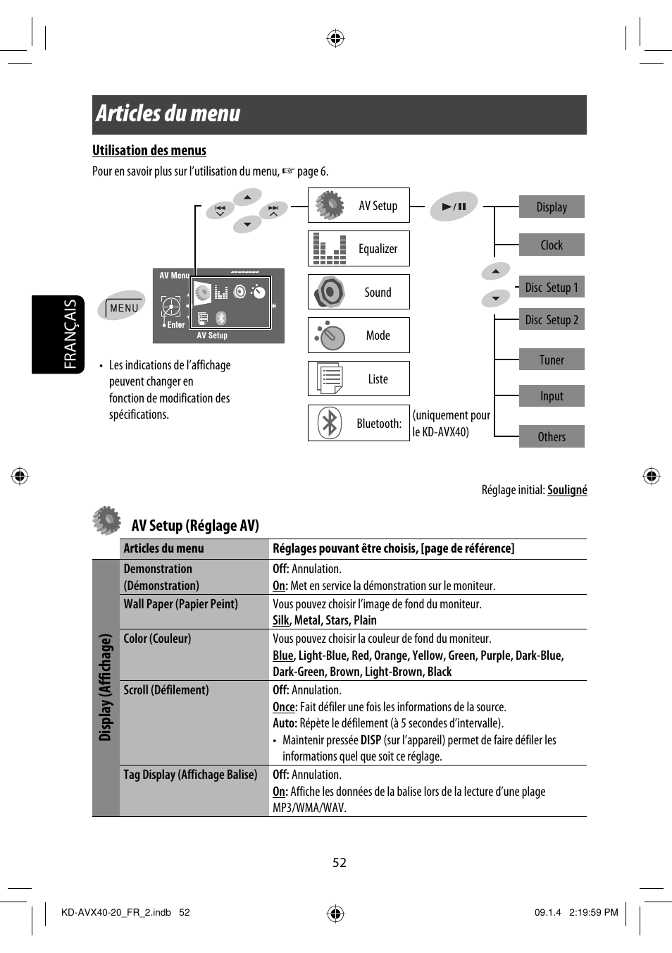 Articles du menu, Français, Av setup (réglage av) | Display (affichage) | JVC KD-AVX40 User Manual | Page 198 / 292