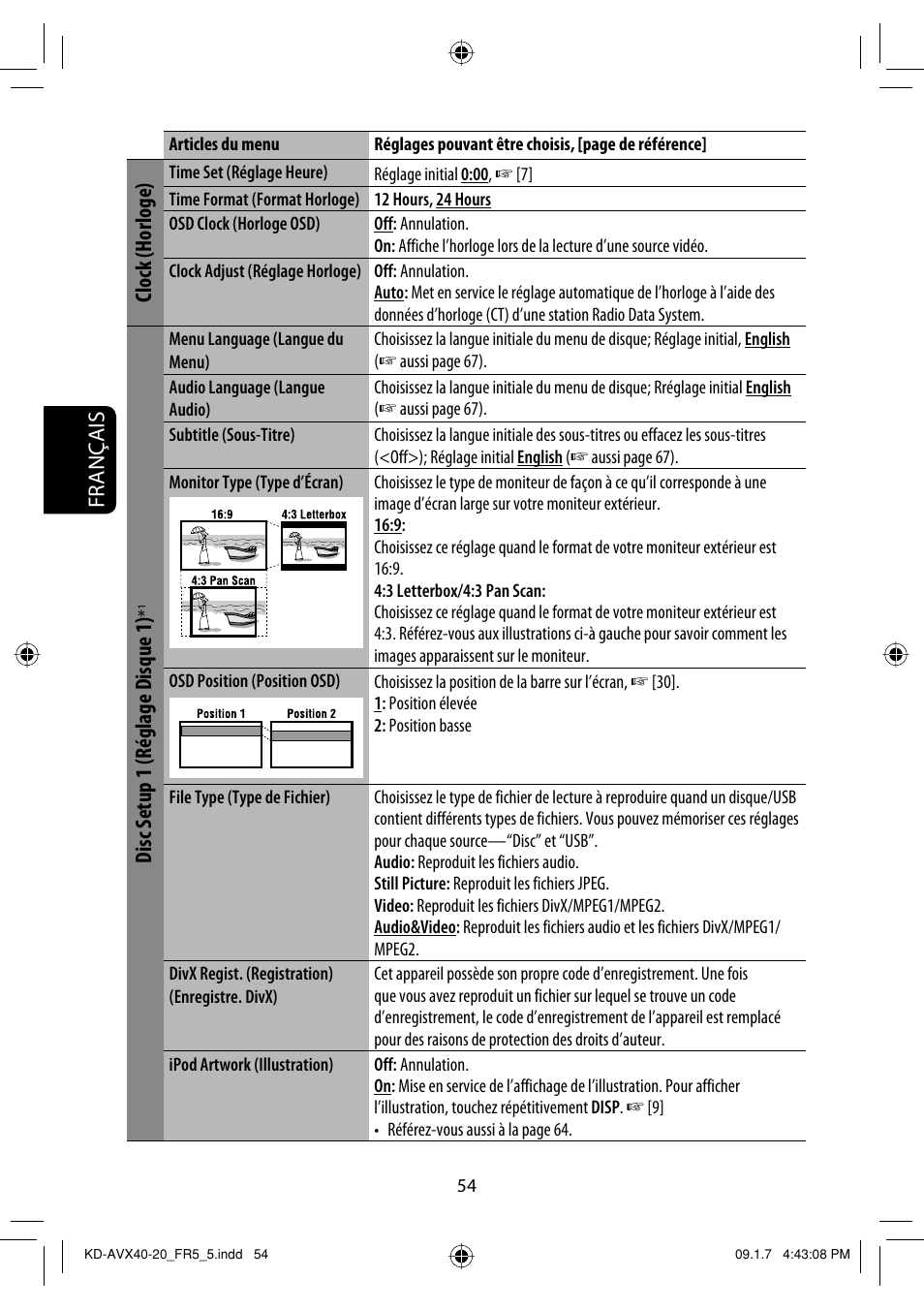 Français, Clock (horloge), Disc setup 1 (réglage disque 1) | JVC KD-AVX40 User Manual | Page 200 / 292