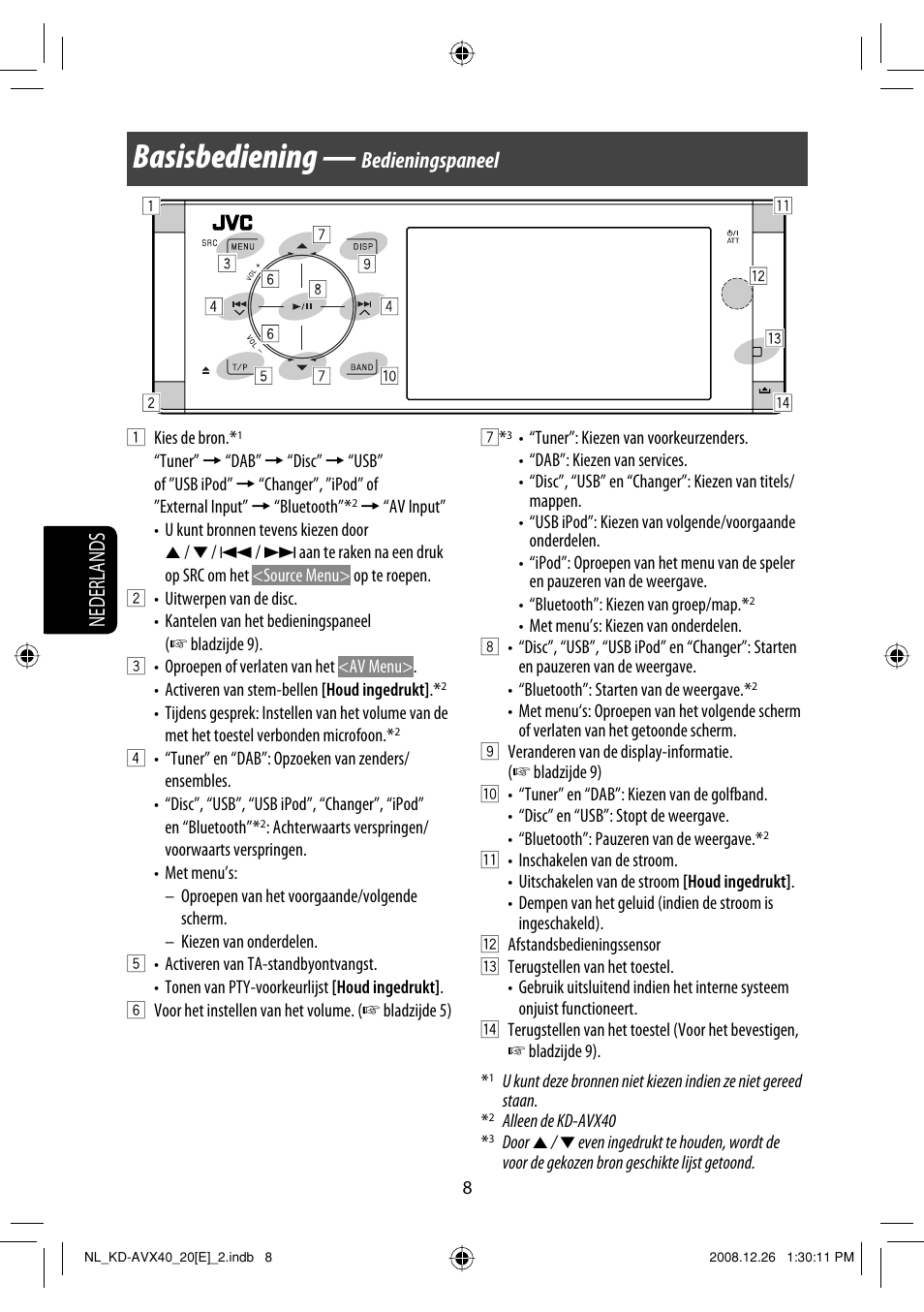 Basisbediening, Nederlands, Bedieningspaneel | JVC KD-AVX40 User Manual | Page 226 / 292