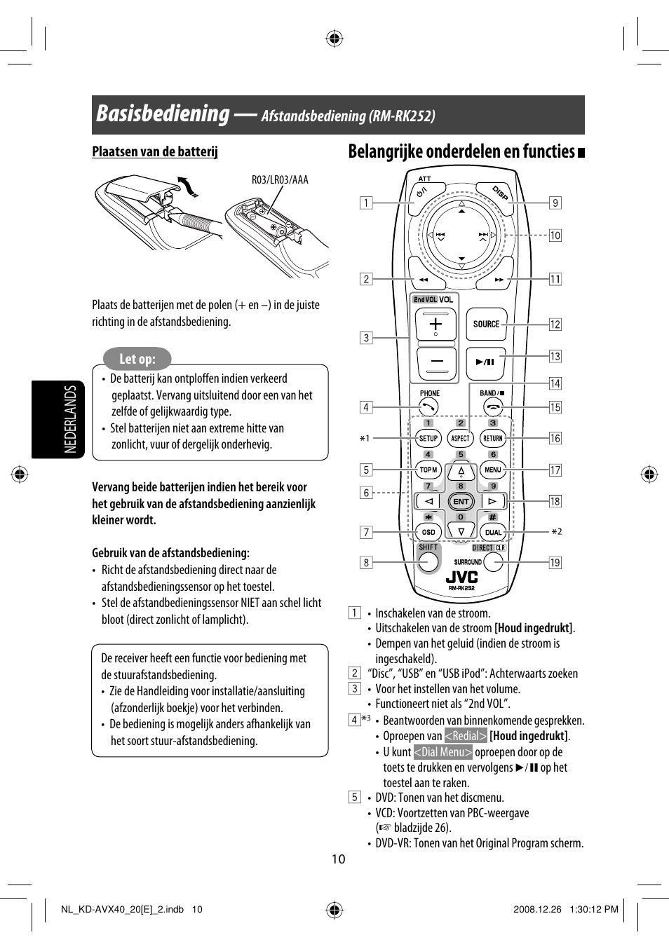 Basisbediening, Belangrijke onderdelen en functies, Nederlands | Afstandsbediening (rm-rk252) | JVC KD-AVX40 User Manual | Page 228 / 292