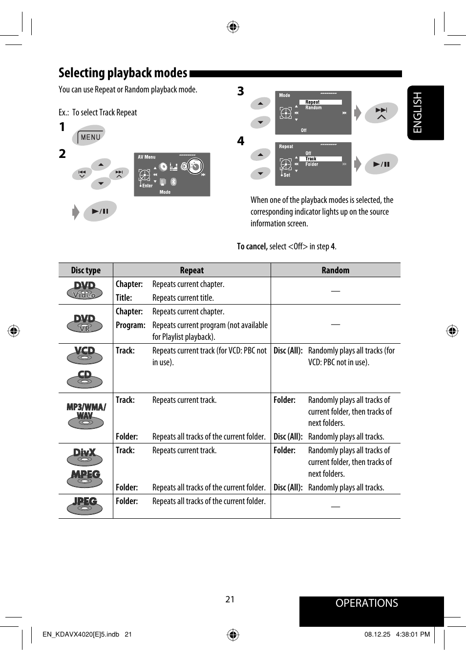 Selecting playback modes, Operations, English | JVC KD-AVX40 User Manual | Page 23 / 292